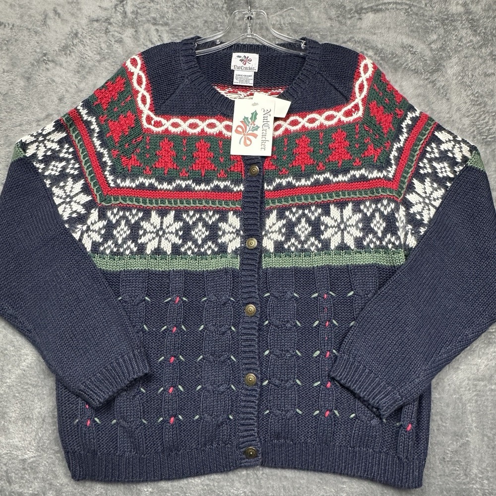 VTG NutCracker Christmas Knit Sweater Cardigan Women's Large Poinsettia Tree NWT